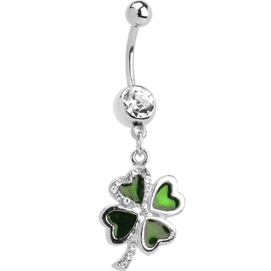 Crystalline Gem Lucky 4 Leaf Clover Dangle Belly Ring