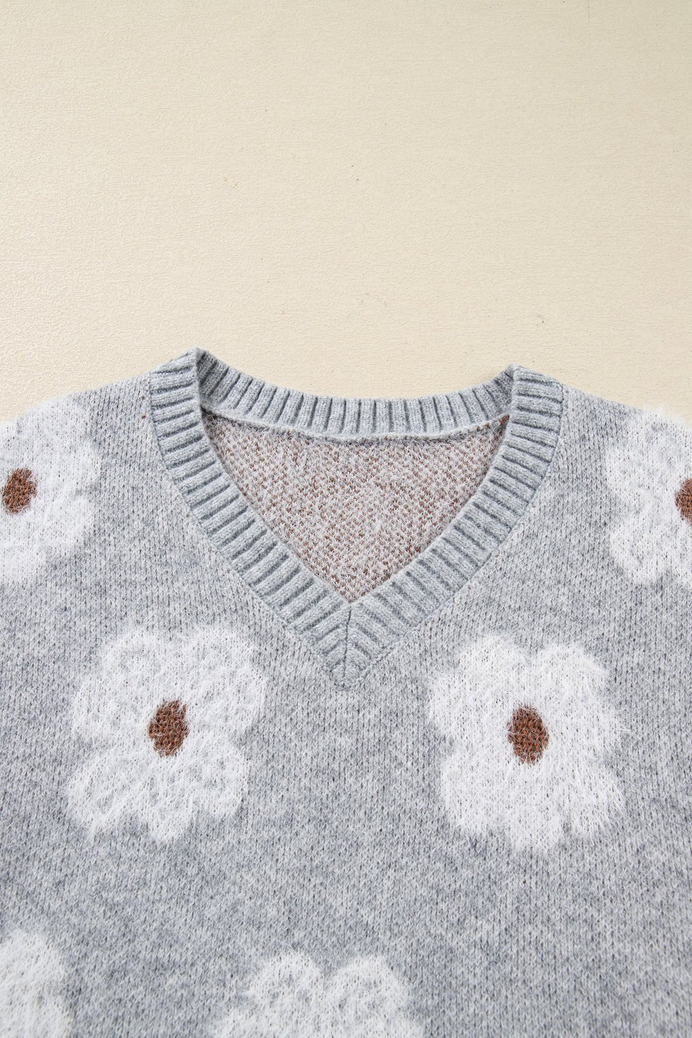 Gray Cute Flower Print V Neck Drop Shoulder Baggy Sweater - Jaico Online Shop