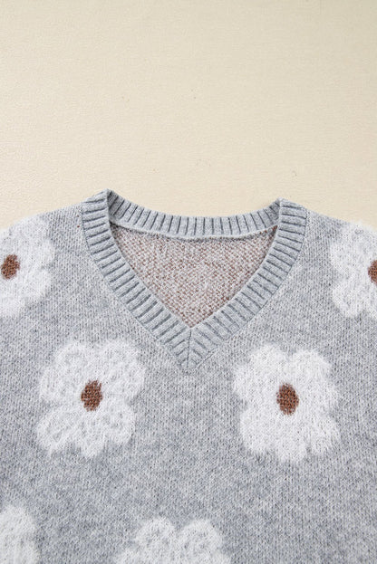 Gray Cute Flower Print V Neck Drop Shoulder Baggy Sweater - Jaico Online Shop