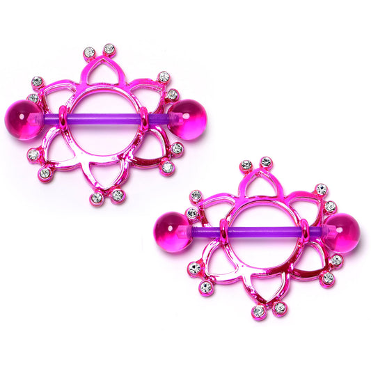 14G 5/8 Clear Gem Pinkish Bioplast Flower Nipple Shield Set