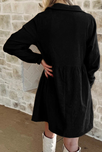 Black Corduroy Half Button Collared Long Sleeve Mini Dress - Jaico Online Shop