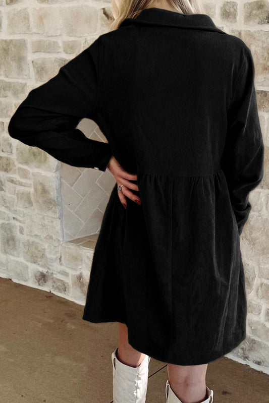 Black Corduroy Half Button Collared Long Sleeve Mini Dress - Jaico Online Shop