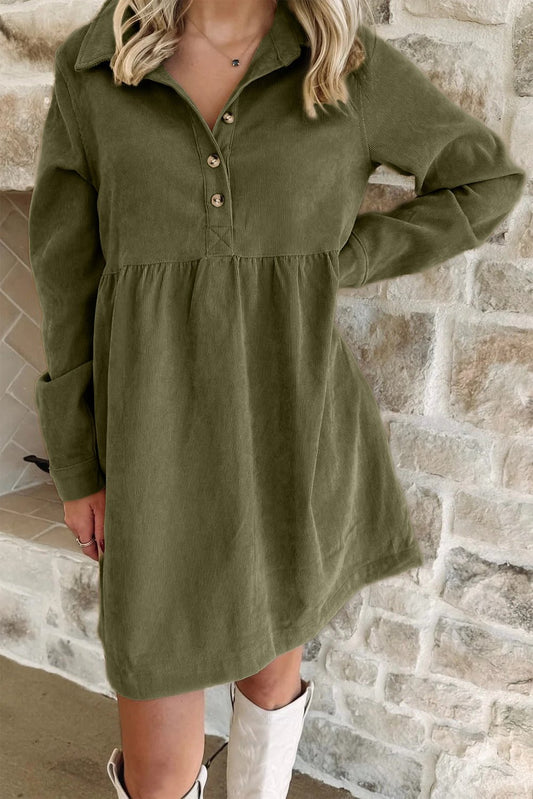 Vineyard Green Corduroy Half Button Collared Long Sleeve Mini Dress - Jaico Online Shop