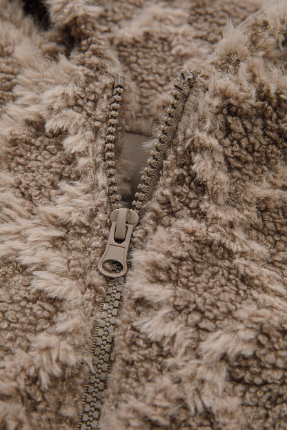 Chestnut Sherpa Rhombus Zip Up Side Pocket Hooded Jacket - Jaico Online Shop
