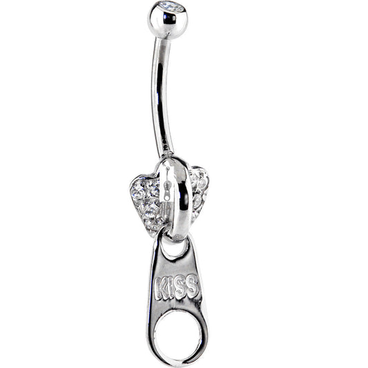 16G Solid 14k White Gold CZ Paved Kiss Zipper Belly Ring
