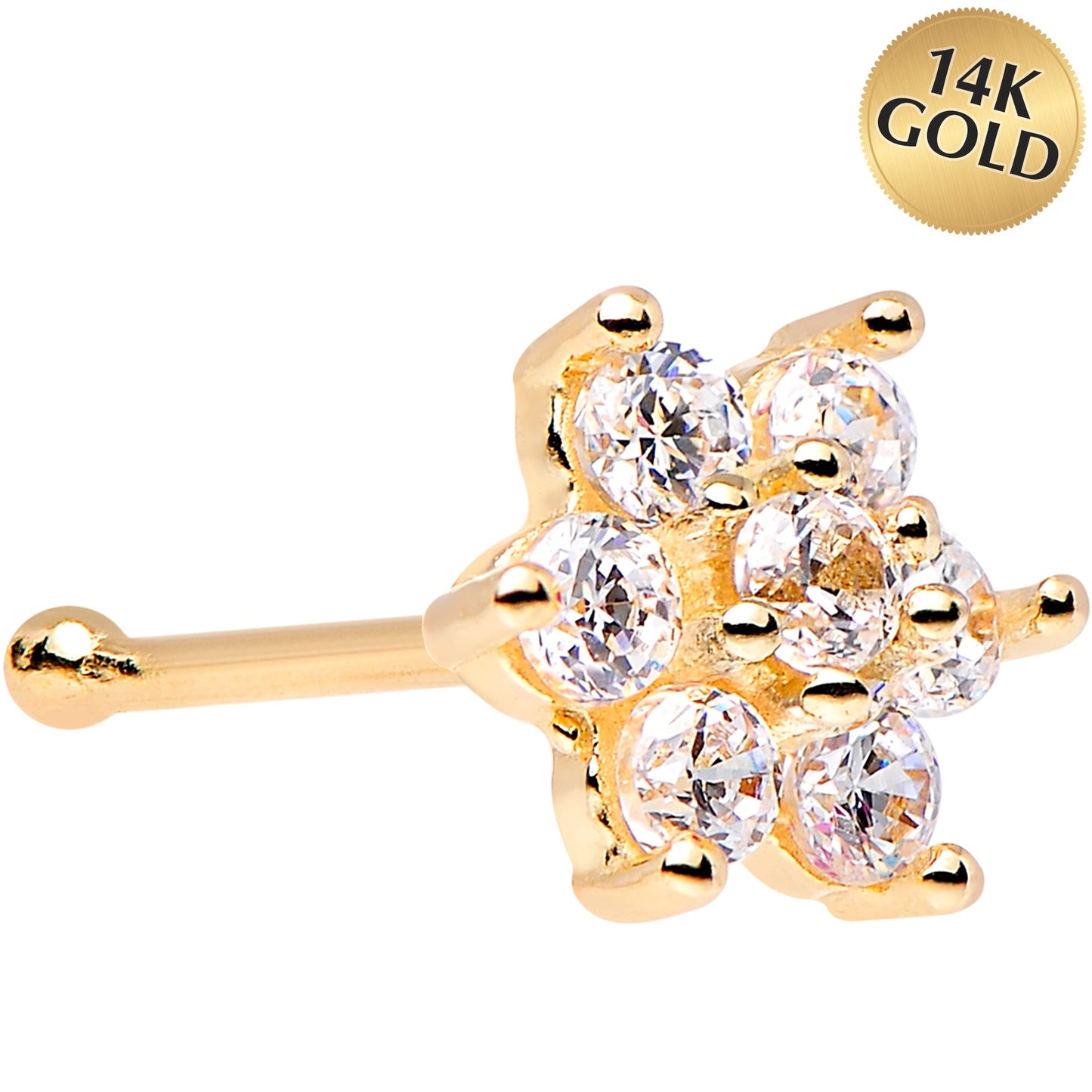 Solid 14k Yellow Gold Clear Cubic Zirconia Flower Nose Stud