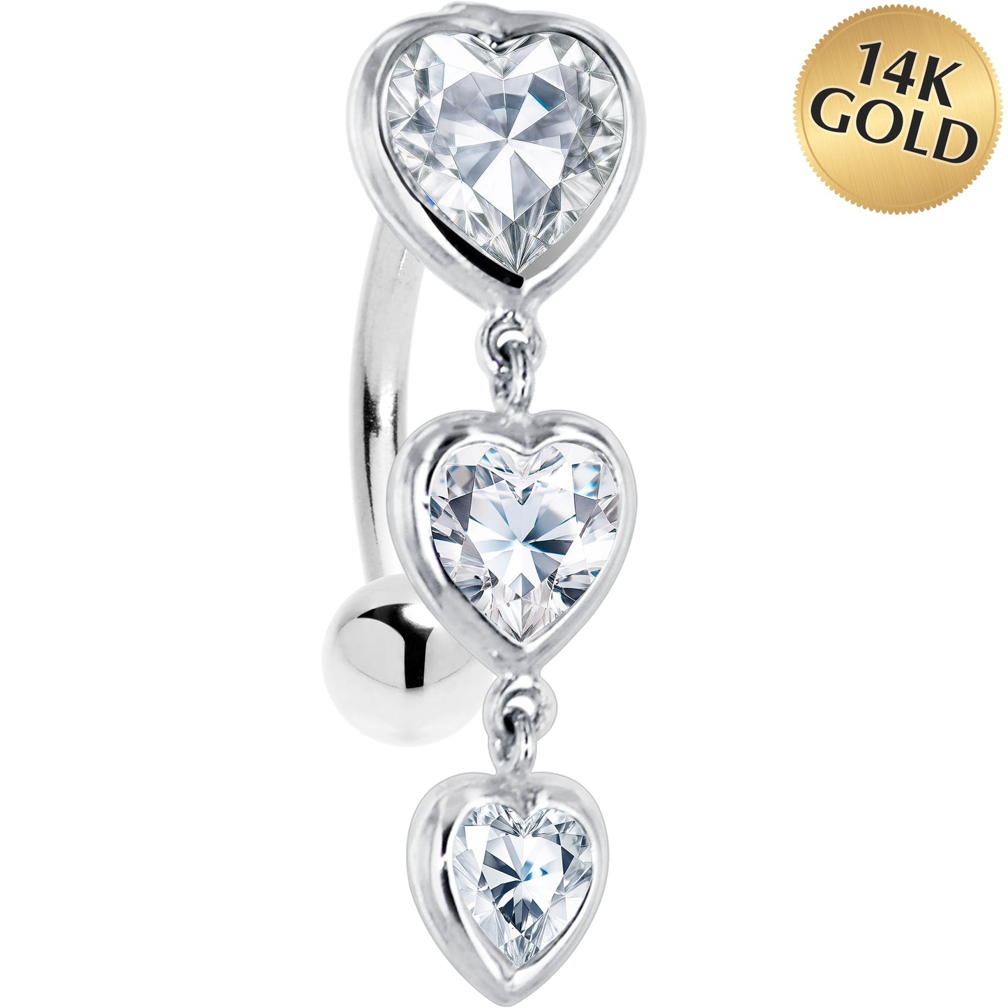16G Solid 14k White Gold Top Mount Cubic Zirconia Heart Trilogy Belly Ring