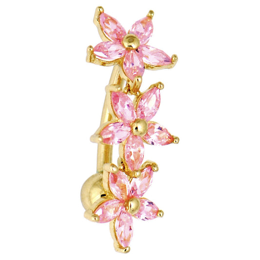 16G Solid 14k Yellow Gold Pink Reverse Cubic Zirconia Lily Drop Belly Ring