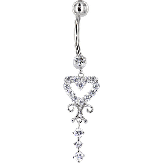 16G Solid 14K White Gold SCROLL DROP HEART Cubic Zirconia Belly Ring