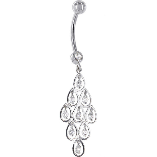 16G Solid 14K White Gold TEARDROP CHANDELIER Cubic Zirconia Belly Ring