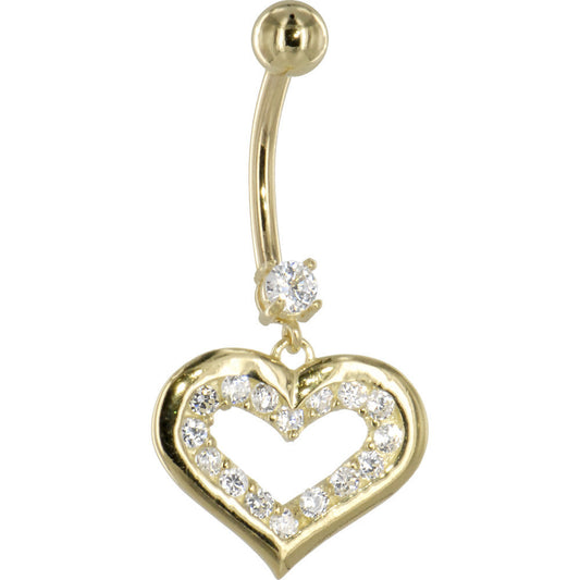 16G Solid 14K Yellow Gold CZ Encased Heart Dangle Belly Ring