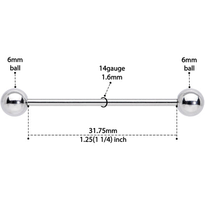 14G Straight Stainless Steel Barbell 1 1/4 6mm