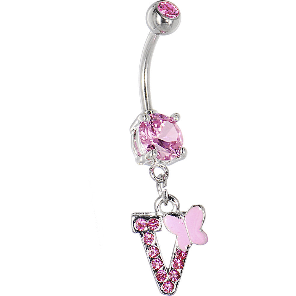 Pink Gem Butterfly INITIAL Dangle Belly Ring - LETTER V