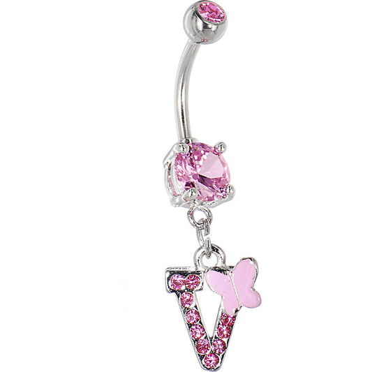 Pink Gem Butterfly INITIAL Dangle Belly Ring - LETTER V