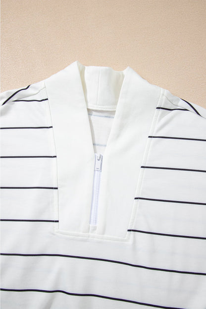 White Zip V Neck Casual Stripe Print Drop Shoulder Long Sleeve Top - Jaico Online Shop