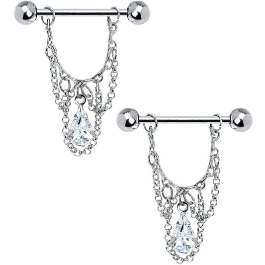 14G 5/8 Clear Teardrop Chain Dangle Nipple Ring Set
