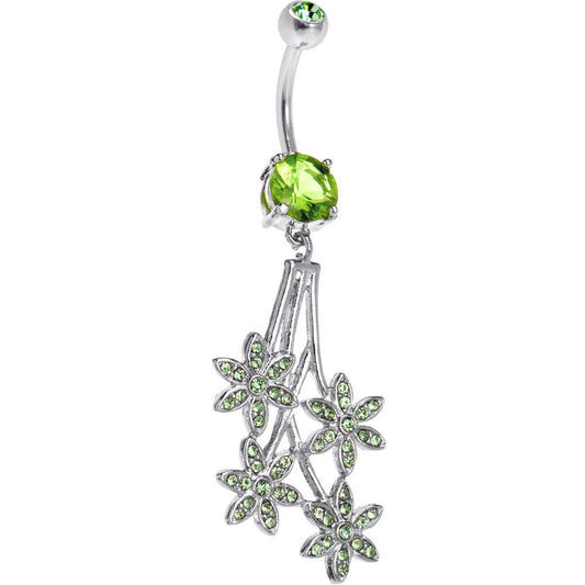 Peridot Green Gem Paved Flowers Drop Belly Ring