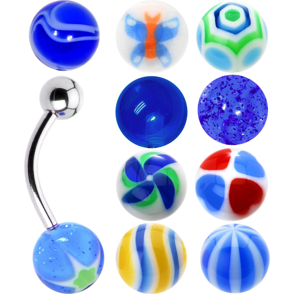 14G Multi Blue 10 Ball Interchangeable Belly Ring Pack Set