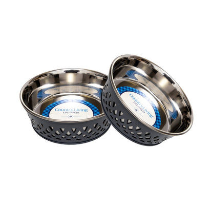 Country Living Set of 2 Stainless Steel Dog Bowls – Farmhouse Style, Ideal for Small to Medium Dogs