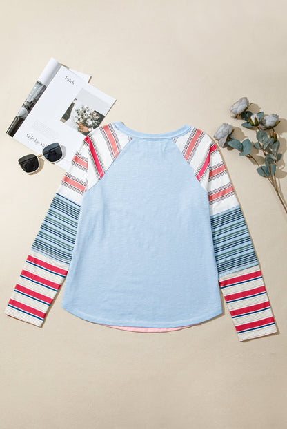 Pink Color Block Round Neck Exposed Seam Patchwork Striped Long Sleeve Top - Jaico Online Shop