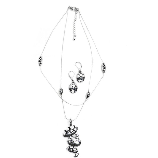 Silver Tone Designer Mosaic Pendant Necklace and Earring Set