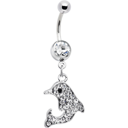 Clear Gem Paved Dolphin Dangle Belly Ring