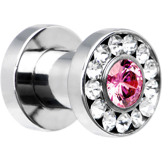 4G Stainless Steel Clear Pink CZ Screw Fit Tunnel