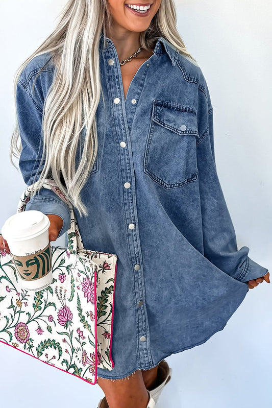 Blue Beau Chest Pocket Raw Hem Denim Loose Shirt Dress - Jaico Online Shop