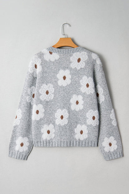 Gray Cute Flower Print V Neck Drop Shoulder Baggy Sweater - Jaico Online Shop