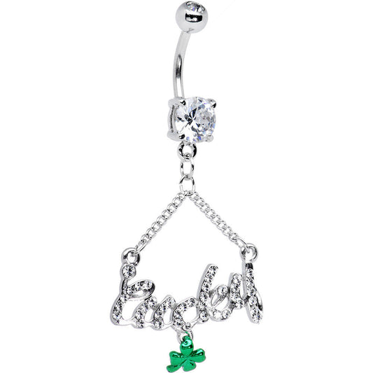 Clear Gem Lucky Shamrock Dangle Belly Ring