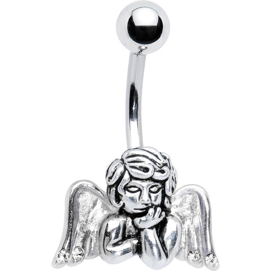 Silver Clear Winged Angel Belly Ring Created with Crystals