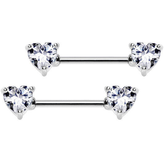 14G 9/16 Clear CZ Gem Heart Barbell Nipple Ring Set