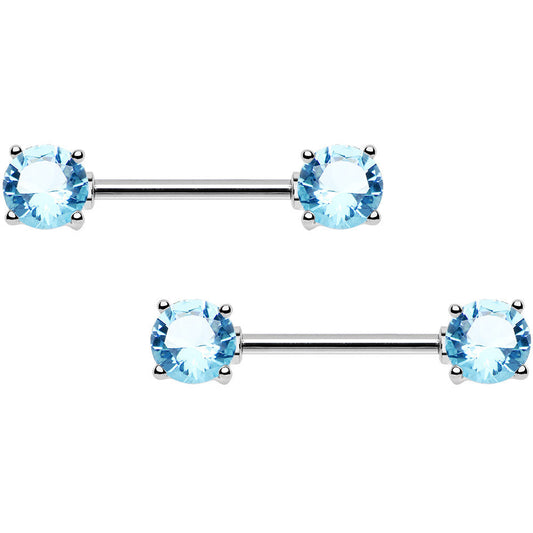 Aqua Cubic Zirconia Front Gem Nipple Barbell Set