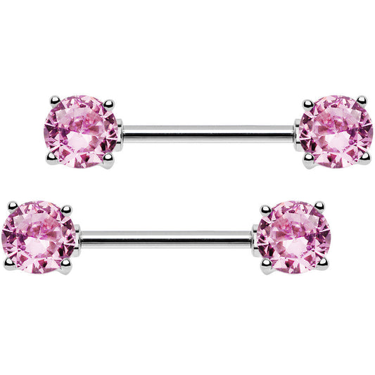 14G 9/16 Pink CZ Gem Barbell Nipple Ring Set