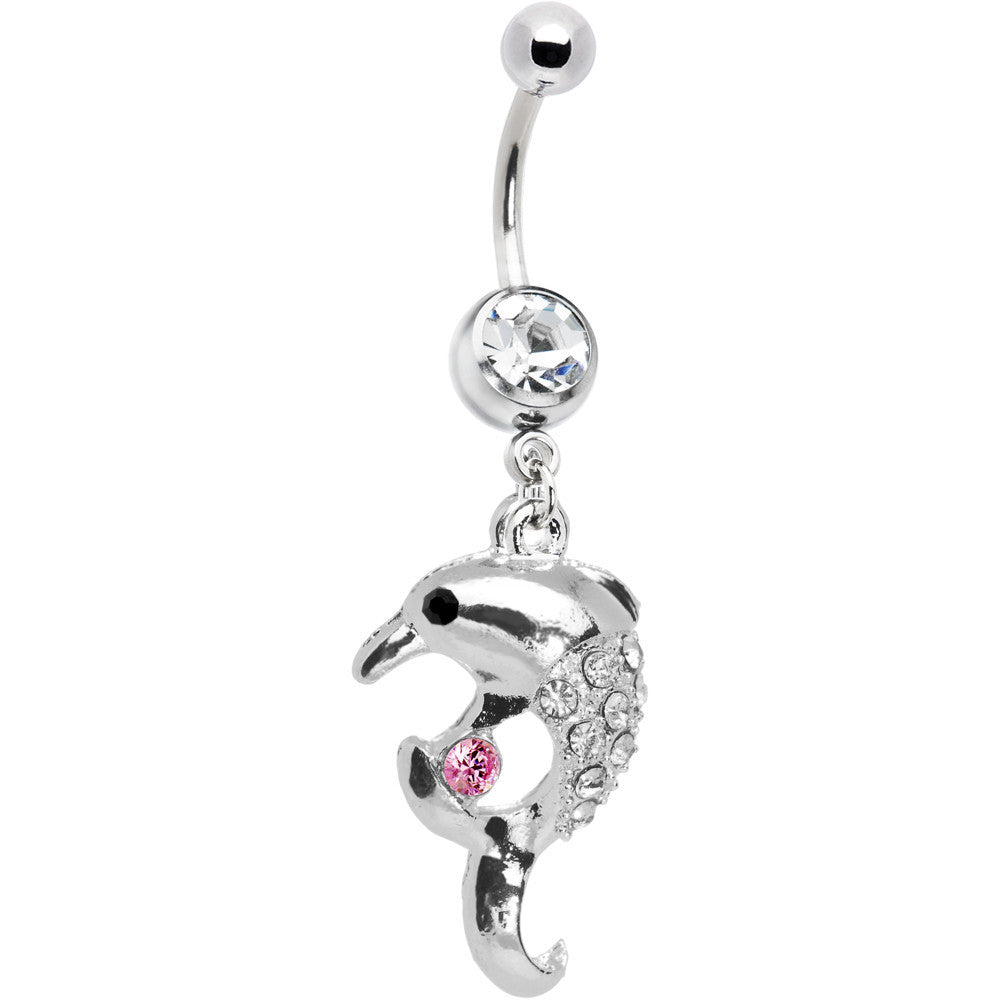 Clear Pink Gem Splash Dolphin Belly Ring