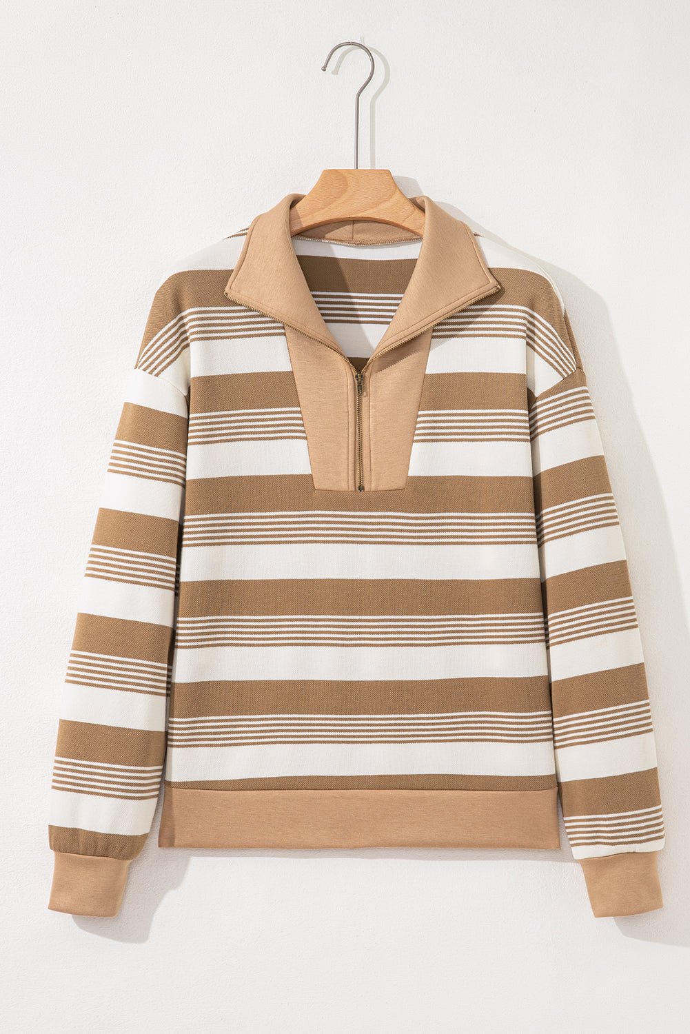 Khaki Stripe Zip Collar Patchwork Vintage Fashion Sweatshirt - Jaico Online Shop