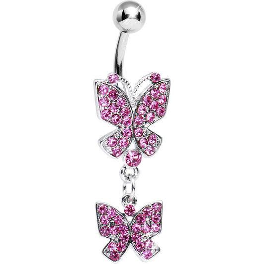 Pink Gem Dual Butterfly Belly Ring