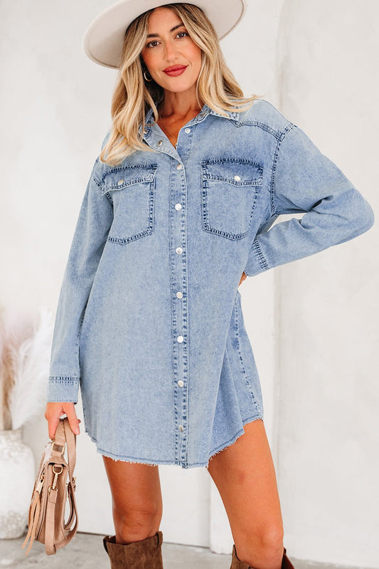 Beau Blue Chest Pocket Raw Hem Denim Loose Shirt Dress - Jaico Online Shop