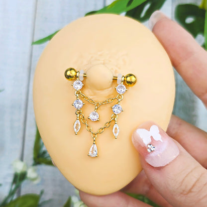 14G  9/16 Clear Gem Gold Tone Double Chain Dangle Nipple Ring Set