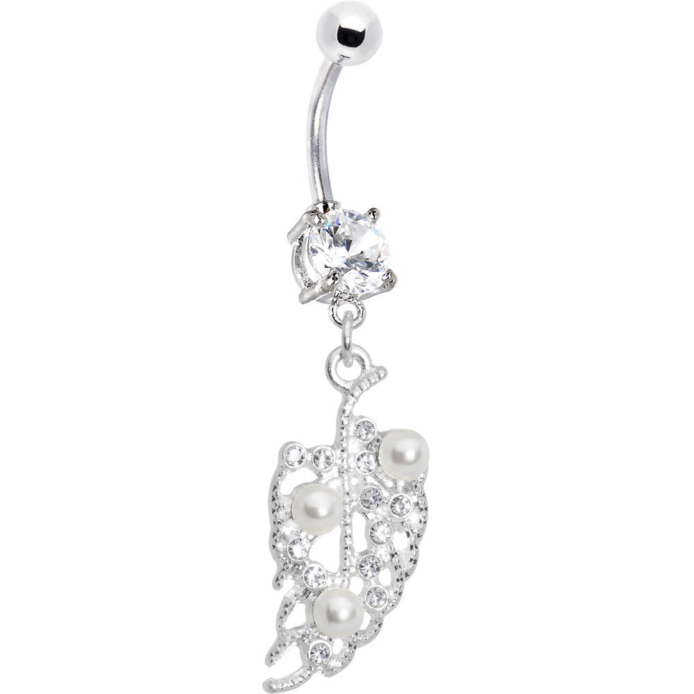 Crystalline Gem Faux Pearl Leaf Belly Ring