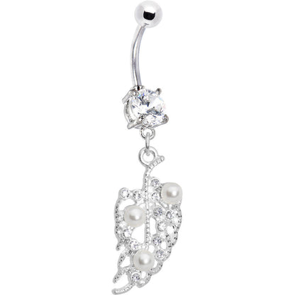 Crystalline Gem Faux Pearl Leaf Belly Ring