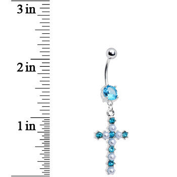 Aqua Gem Faux Pearl Cross Belly Ring