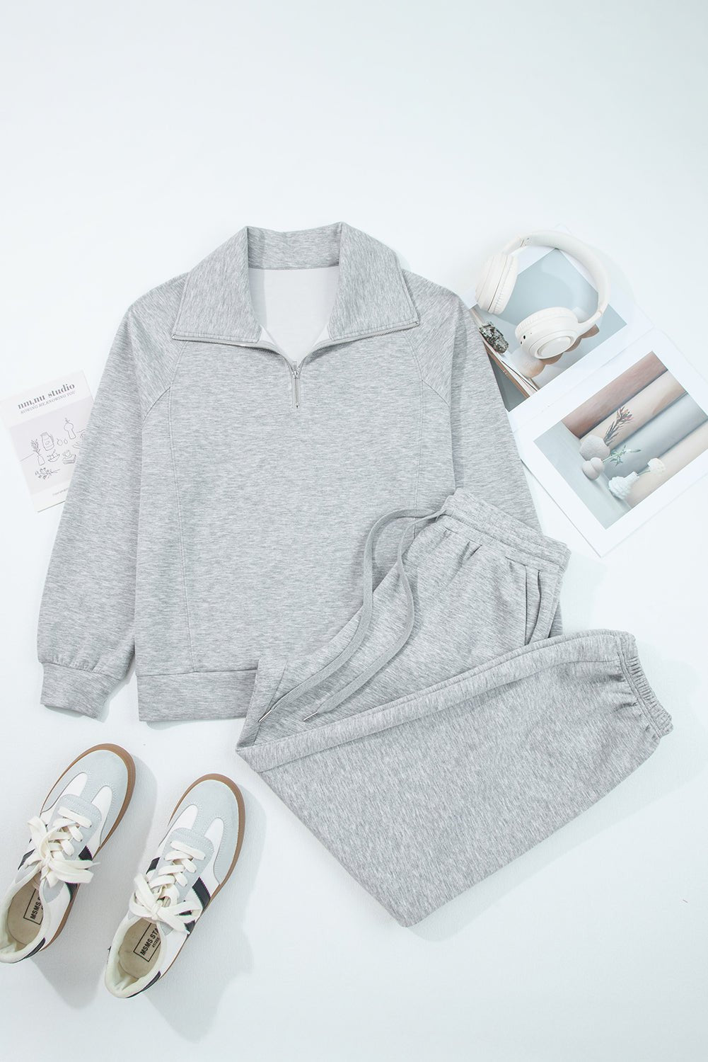 Light Grey Zip Collar Long Sleeve Top Drawstring Pants Set - Jaico Online Shop