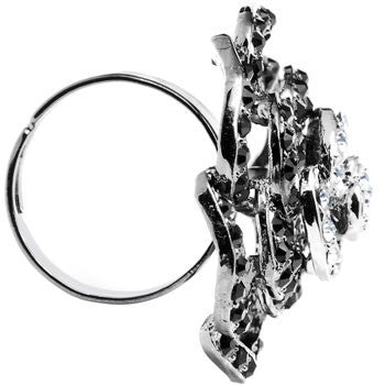 Black and Clear Crystal Flower Bloom Adjustable Ring
