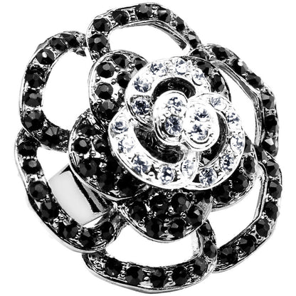 Black and Clear Crystal Flower Bloom Adjustable Ring