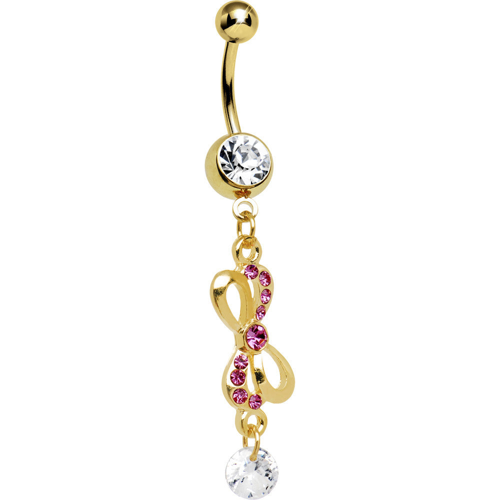 Pink Gem Gold Ribbon Dangle Belly Ring