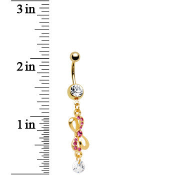 Pink Gem Gold Ribbon Dangle Belly Ring