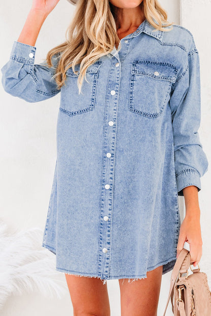 Beau Blue Chest Pocket Raw Hem Denim Loose Shirt Dress - Jaico Online Shop