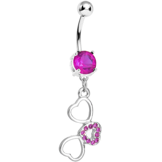Fuchsia Pink Gem Flowing Hearts Belly Ring