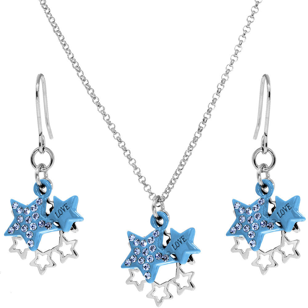 Blue Celestial Love Star Dangle Necklace and Earring Set